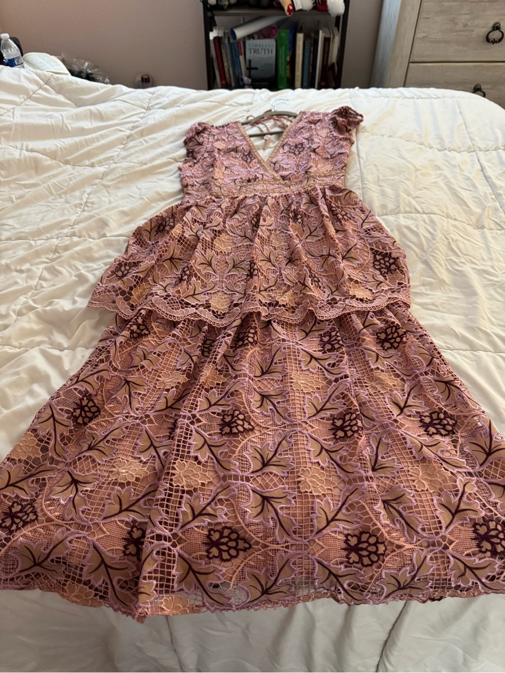 Just Me Pink Lace Tiered Dress with Floral Embroidery